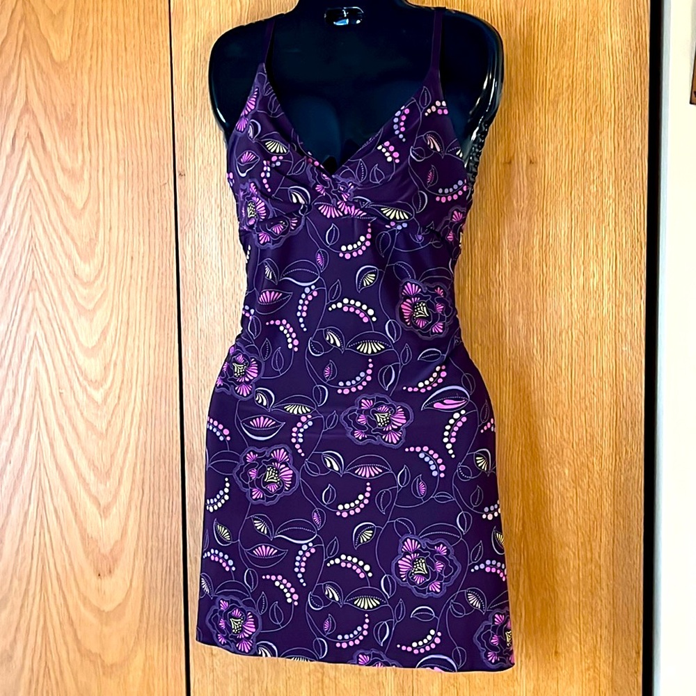 Ambrielle MED stretchy silky lingerie slip dress pink plum floral print SEXY EUC